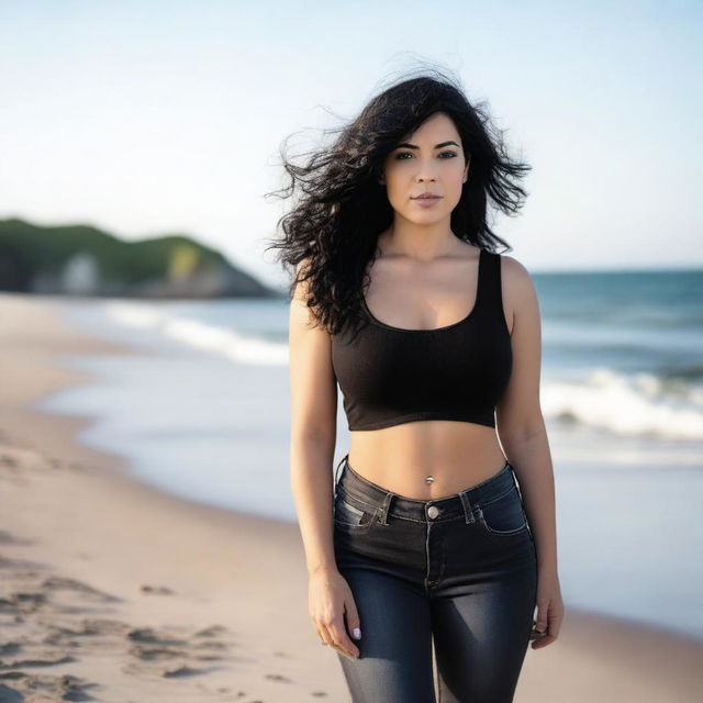 A woman in her 40s with black hair, wearing a black crop top and skinny jeans, standing by the sea