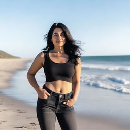 A woman in her 40s with black hair, wearing a black crop top and skinny jeans, standing by the sea