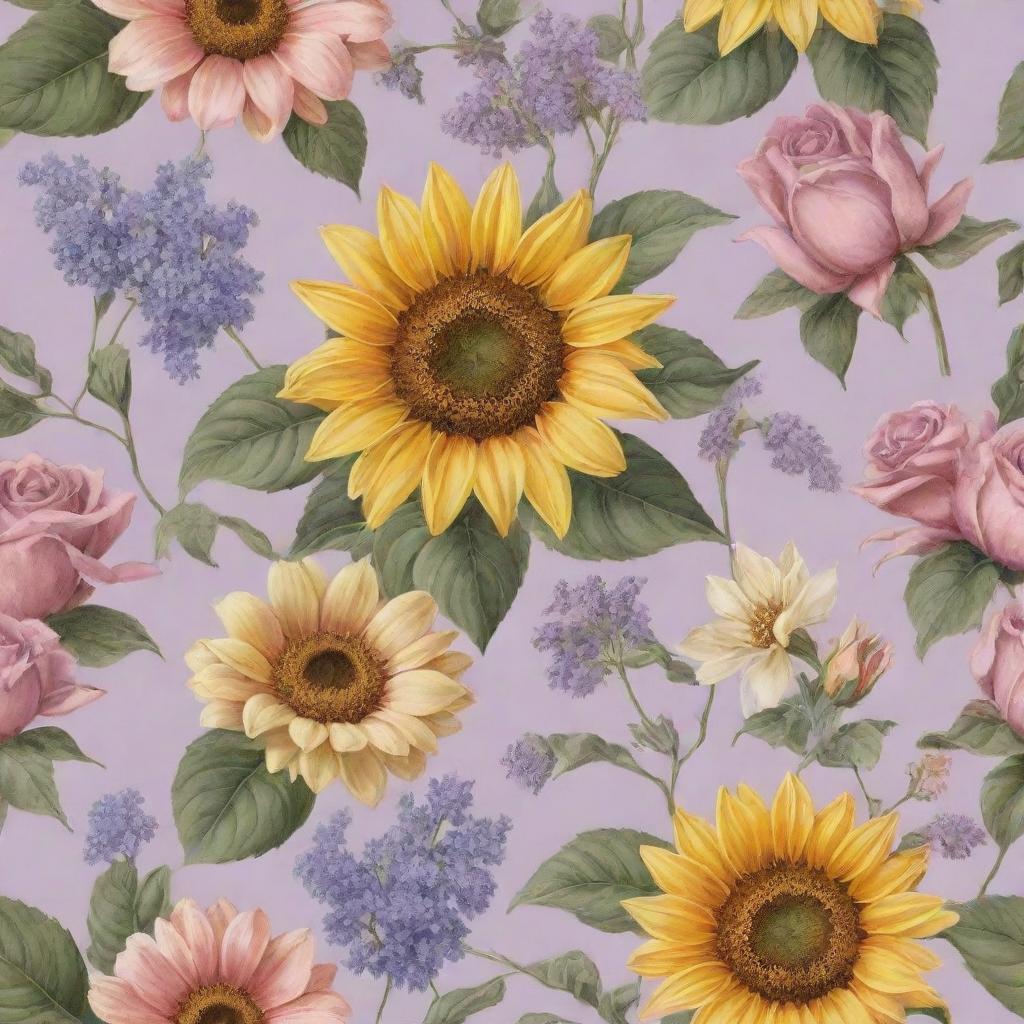 An assortment of enchanting floral wallpaper designs. Sunflowers, roses, lavender, and cherry blossoms elegantly intertwined to create a stunning botanical display over a soft-colored backdrop.