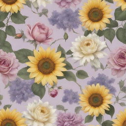 An assortment of enchanting floral wallpaper designs. Sunflowers, roses, lavender, and cherry blossoms elegantly intertwined to create a stunning botanical display over a soft-colored backdrop.