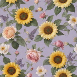 An assortment of enchanting floral wallpaper designs. Sunflowers, roses, lavender, and cherry blossoms elegantly intertwined to create a stunning botanical display over a soft-colored backdrop.