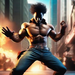 A detailed and dramatic scene showing a character in a dynamic pose, with their top off, engaging in an intense action sequence