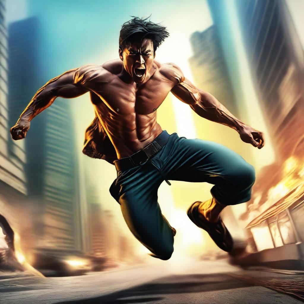 A detailed and dramatic scene showing a character in a dynamic pose, with their top off, engaging in an intense action sequence