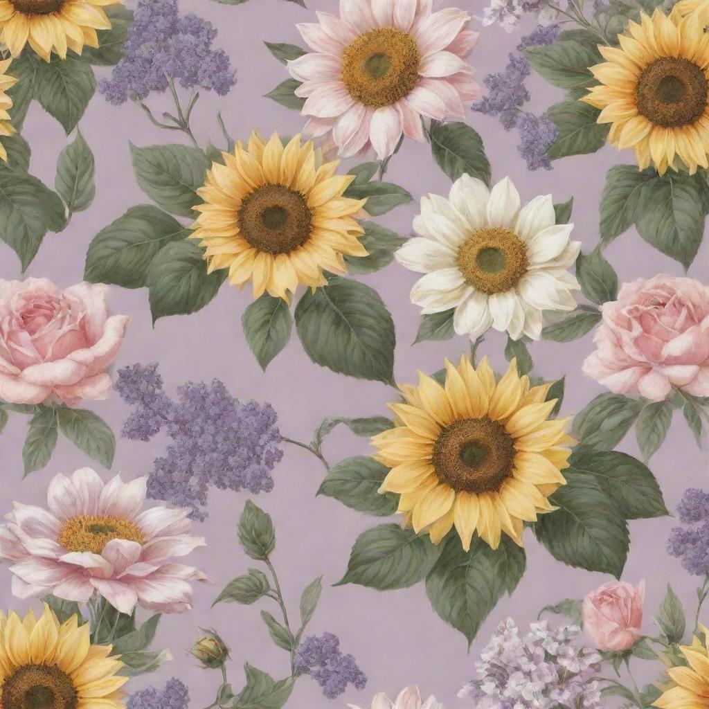 An assortment of enchanting floral wallpaper designs. Sunflowers, roses, lavender, and cherry blossoms elegantly intertwined to create a stunning botanical display over a soft-colored backdrop.