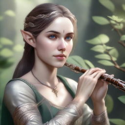 A hyperrealistic portrait of a beautiful half-elf woman bard