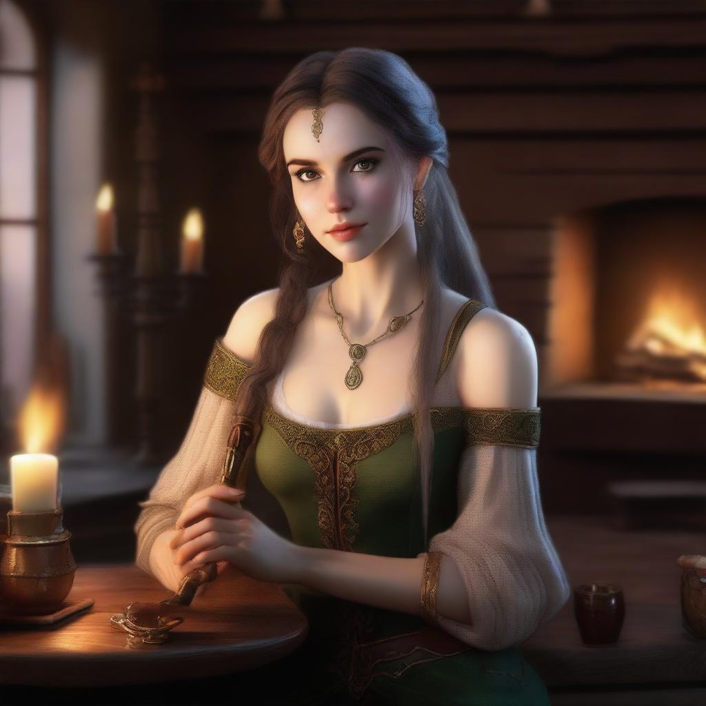 A hyperrealistic portrait of a beautiful half-elf woman in a tavern by the fireplace