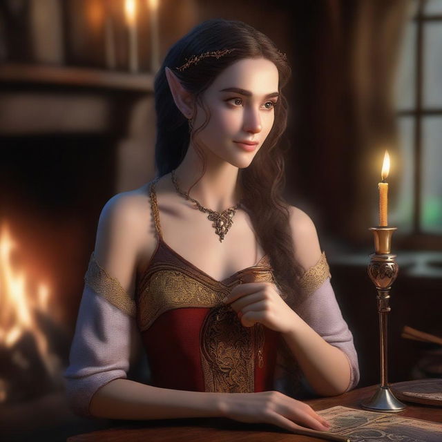 A hyperrealistic portrait of a beautiful half-elf woman in a tavern by the fireplace