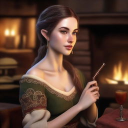 A hyperrealistic portrait of a beautiful half-elf woman in a tavern by the fireplace