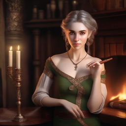 A hyperrealistic portrait of a beautiful half-elf woman in a tavern by the fireplace