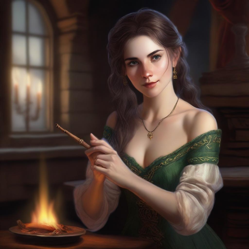 A hyper realistic portrait of a beautiful half-elf woman in a tavern by the fireplace