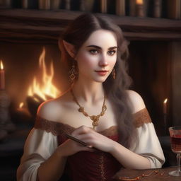 A hyper realistic portrait of a beautiful half-elf woman in a tavern by the fireplace