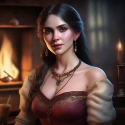 A hyper realistic portrait of a beautiful half-elf woman in a tavern by the fireplace