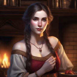 A hyper realistic portrait of a beautiful half-elf woman in a tavern by the fireplace