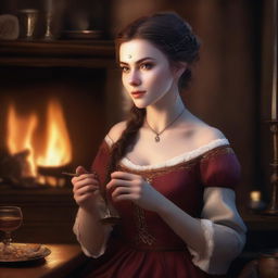 A hyper realistic portrait of a beautiful half-elf woman in a tavern by the fireplace