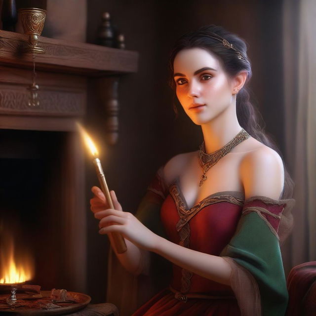 A hyper realistic portrait of a beautiful half-elf woman in a tavern by the fireplace