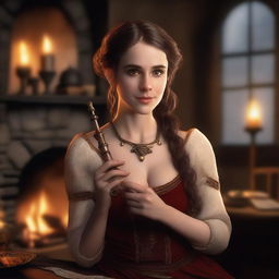 A hyper realistic portrait of a beautiful half-elf woman in a tavern by the fireplace