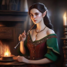 A hyper realistic portrait of a beautiful half-elf woman in a tavern by the fireplace