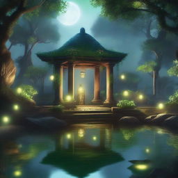 A serene and mystical sanctuary named Nox's Sanctuary, featuring lush greenery, ancient stone structures, and a tranquil pond