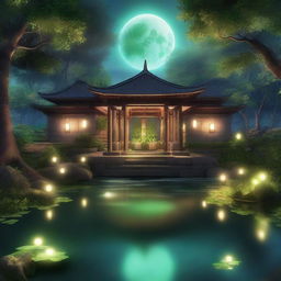 A serene and mystical sanctuary named Nox's Sanctuary, featuring lush greenery, ancient stone structures, and a tranquil pond