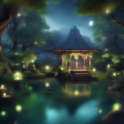 A serene and mystical sanctuary named Nox's Sanctuary, featuring lush greenery, ancient stone structures, and a tranquil pond