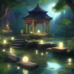 A serene and mystical sanctuary named Nox's Sanctuary, featuring lush greenery, ancient stone structures, and a tranquil pond