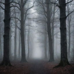 Create a dark, moody wallpaper featuring a misty forest under the moonlight, with tall looming trees and a mysterious pathway leading into the darkness.