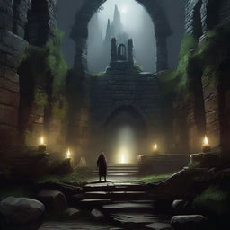 A dark sanctuary in a Dungeons & Dragons setting, featuring ancient stone walls covered in moss, dim torchlight casting eerie shadows, and mystical runes glowing faintly