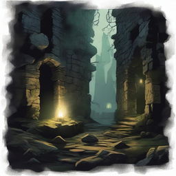 A dark sanctuary in a Dungeons & Dragons setting, featuring ancient stone walls covered in moss, dim torchlight casting eerie shadows, and mystical runes glowing faintly