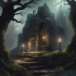 A dark sanctuary in a Dungeons & Dragons setting, featuring ancient stone walls covered in moss, dim torchlight casting eerie shadows, and mystical runes glowing faintly