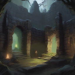 A dark sanctuary in a Dungeons & Dragons setting, featuring ancient stone walls covered in moss, dim torchlight casting eerie shadows, and mystical runes glowing faintly