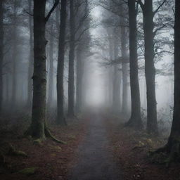 Create a dark, moody wallpaper featuring a misty forest under the moonlight, with tall looming trees and a mysterious pathway leading into the darkness.