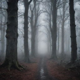 Create a dark, moody wallpaper featuring a misty forest under the moonlight, with tall looming trees and a mysterious pathway leading into the darkness.