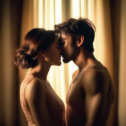 A passionate kiss between two characters, set against a romantic backdrop with soft lighting and warm colors