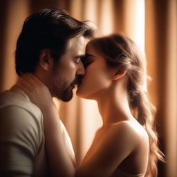 A passionate kiss between two characters, set against a romantic backdrop with soft lighting and warm colors