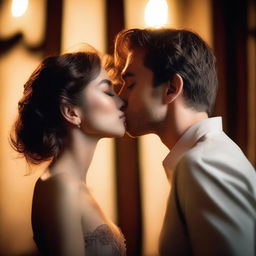 A passionate kiss between two characters, set against a romantic backdrop with soft lighting and warm colors