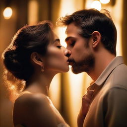 A passionate kiss between two characters, set against a romantic backdrop with soft lighting and warm colors