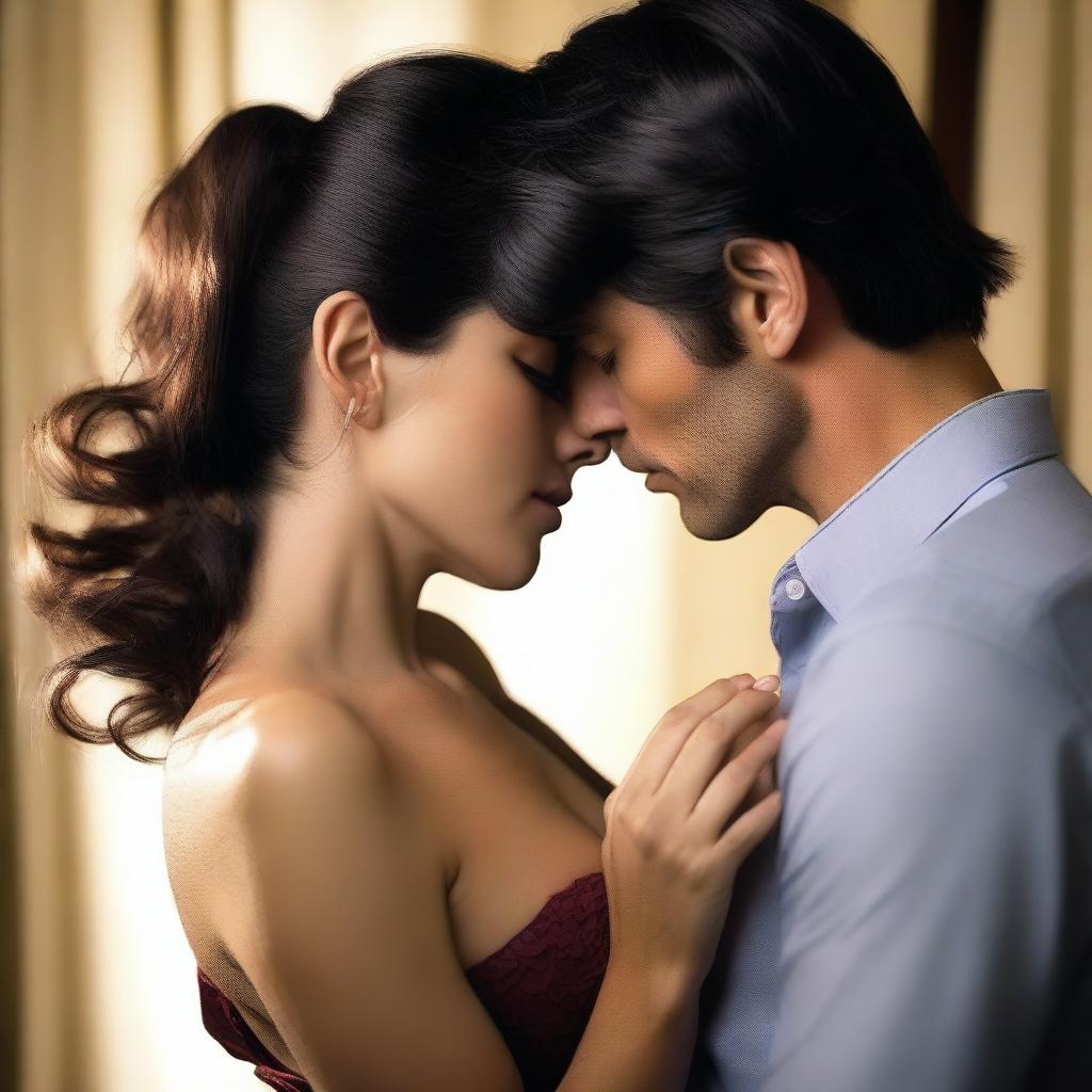 A tall, dark-haired man passionately kissing a brunette woman