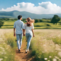 A couple holding hands while walking through a picturesque field