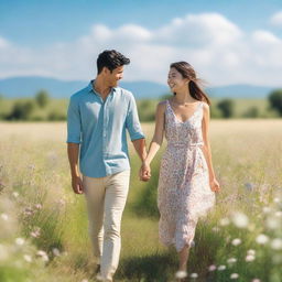 A couple holding hands while walking through a picturesque field