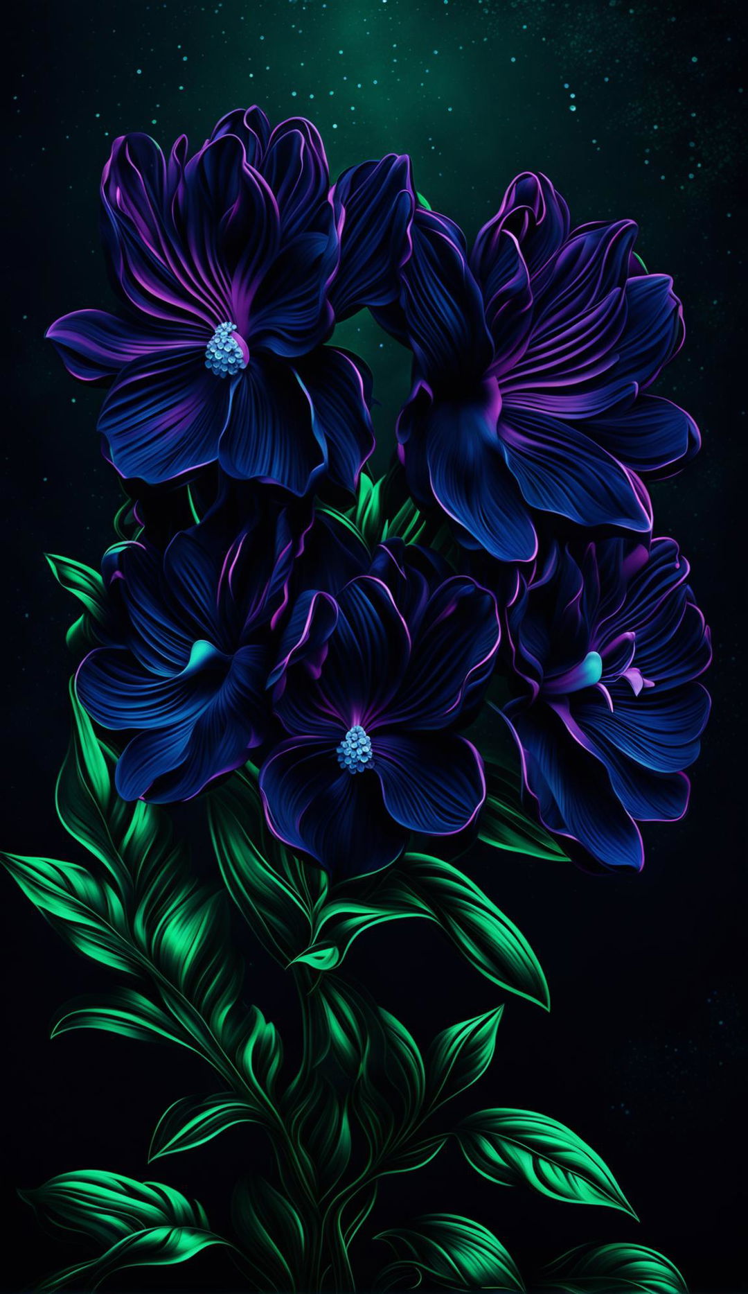 A digital art wallpaper featuring a cluster of dark purple flowers glowing against a gradient background of midnight blue and deep forest green.