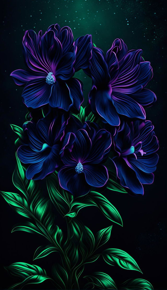 A digital art wallpaper featuring a cluster of dark purple flowers glowing against a gradient background of midnight blue and deep forest green.