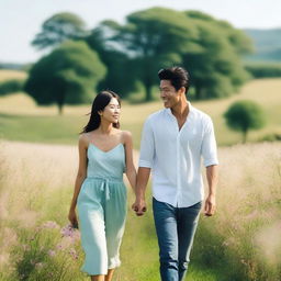 A couple holding hands while walking through a picturesque field