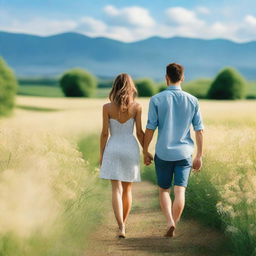 A couple holding hands while walking through a picturesque field