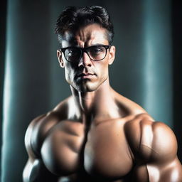 A shirtless man with well-defined abs and wearing glasses