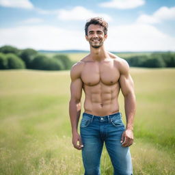 A shirtless man wearing jeans standing in a picturesque field