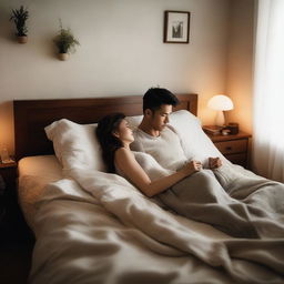 A couple lying in bed with clothes strewn around the room