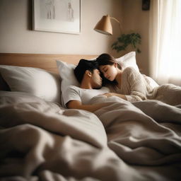 A couple lying in bed with clothes strewn around the room