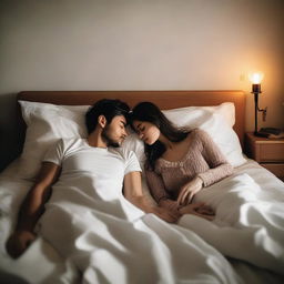 A couple lying in bed with clothes strewn around the room