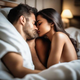 A couple in bed sharing a tender kiss