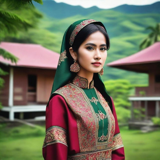 A beautiful Acehnese girl wearing traditional attire, standing in front of a picturesque background that includes lush green landscapes and traditional Acehnese houses